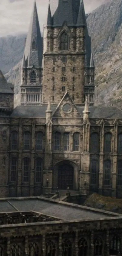 Majestic stone castle with mountains in background.