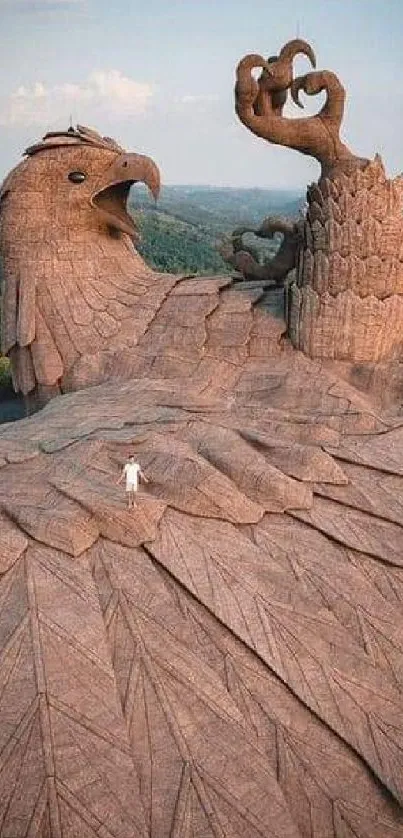 Majestic stone eagle sculpture with scenic backdrop.