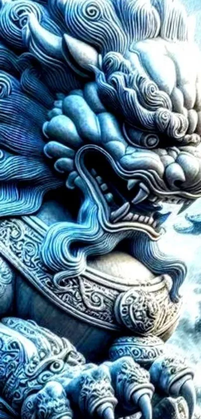 Intricate stone lion sculpture with blue hues.