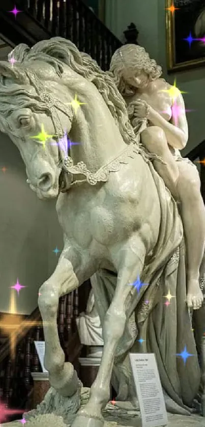 Stone sculpture of a rider on a horse in a gallery setting.