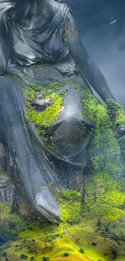 Majestic stone statue draped in greenery with dramatic sky.