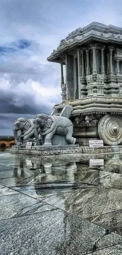 Majestic stone temple with reflecting tiles and cloudy sky.