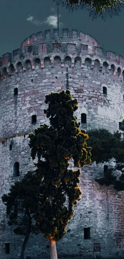 Historic stone tower with trees and sky.