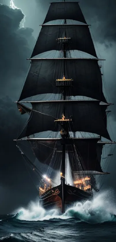 A dramatic black ship braves a storm on a dark ocean, illuminated by lightning.