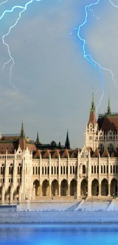 Historic castle under dramatic lightning storm, striking blue sky.