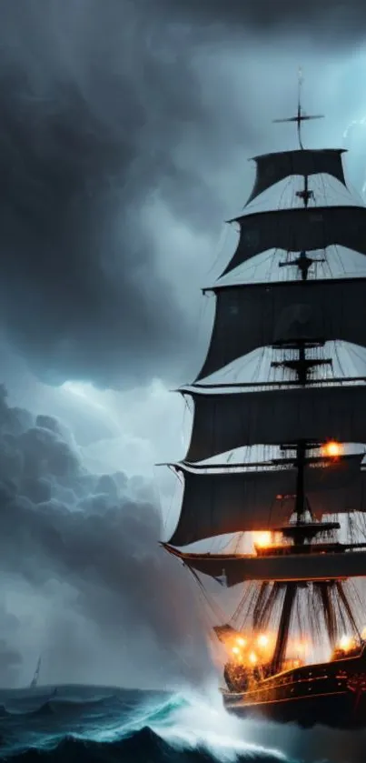 A tall sailing ship navigating stormy seas with dramatic skies.