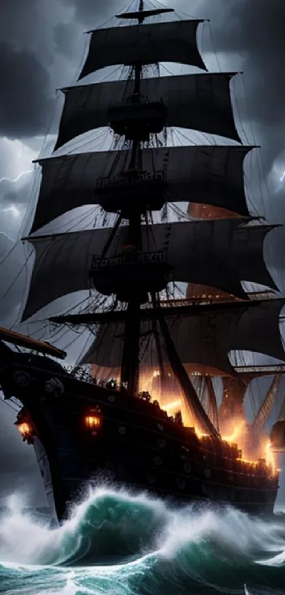 Ship sailing through stormy seas with lightning and dark clouds.