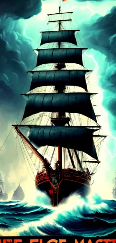 Sailing ship in stormy seas with dramatic clouds and waves.