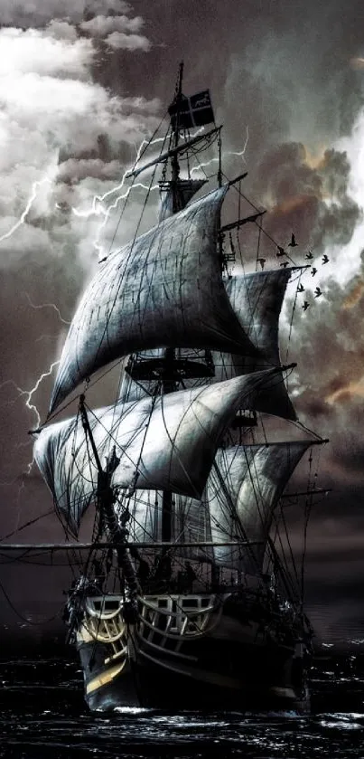 Majestic ship sails through a stormy sea with dramatic lightning.