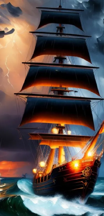 Tall ship sails through stormy seas with dramatic skies in vibrant digital art.