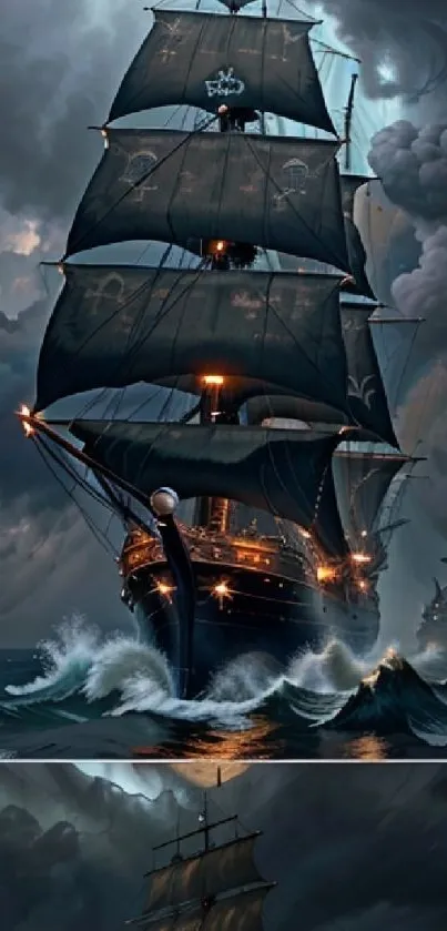 Sailing ship braving stormy sea waves under dark clouds.