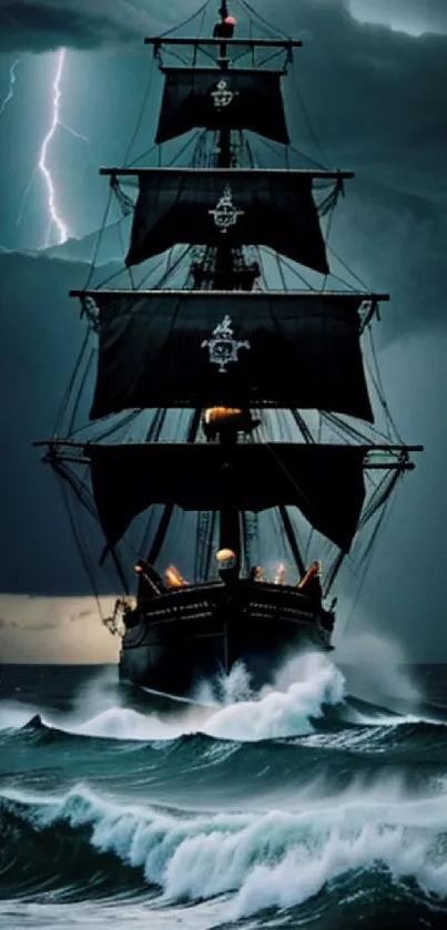 Majestic tall ship in a stormy sea with lightning skies.