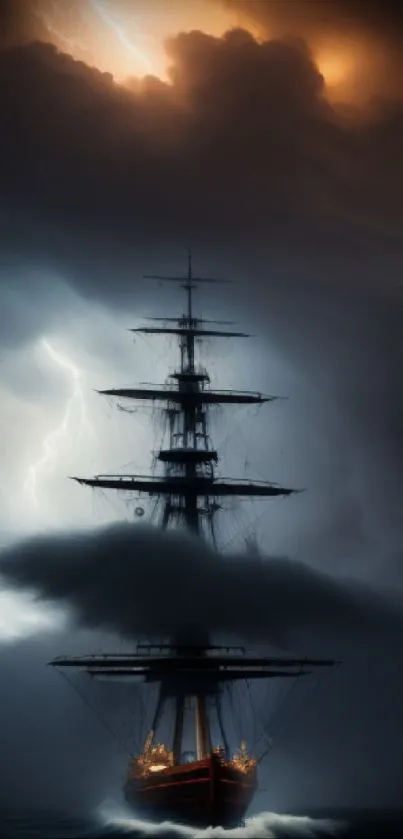 Majestic ship sails through a stormy sea with lightning and ominous clouds.