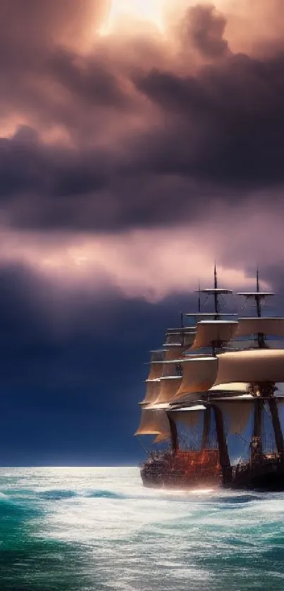 Majestic sailing ship under a stormy sky with lightning.