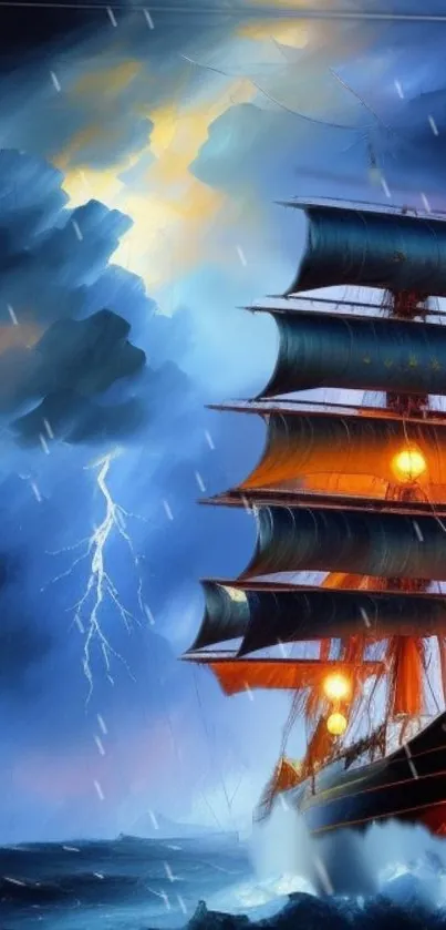 Sailing ship in a storm with vibrant blue and orange tones on the ocean.