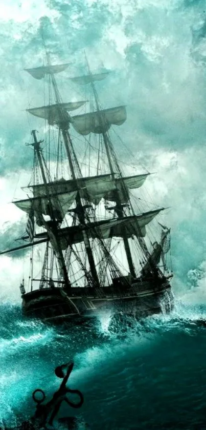 Majestic ship navigating a stormy ocean.