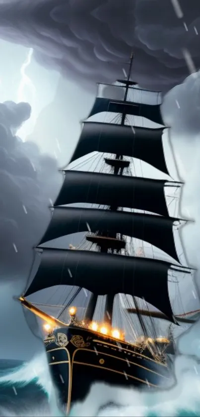 A ship sails through dark, stormy seas under looming clouds and flashes of lightning.