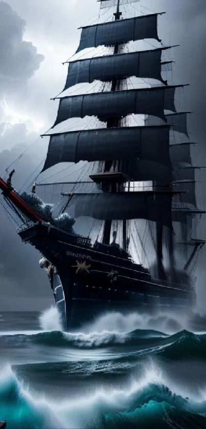 Majestic ship navigating stormy ocean waves with dark, dramatic skies.