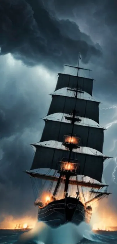 A majestic ship sails through a stormy sea, under dramatic dark clouds and lightning.