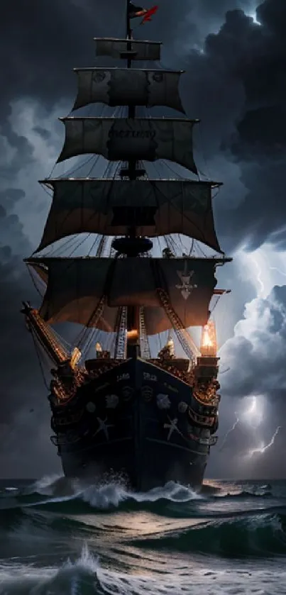 Majestic ship battles stormy seas under dark, dramatic skies illuminated by lightning.