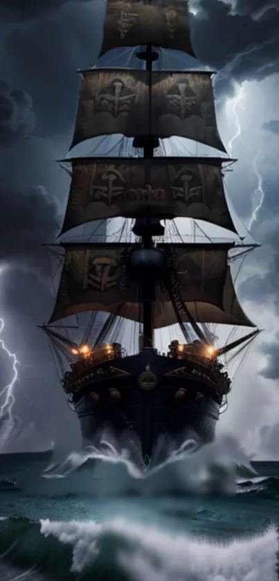 Ship navigating stormy seas with lightning illuminating the dark sky.