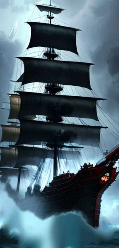 Dark ship sailing through stormy seas with dramatic clouds.