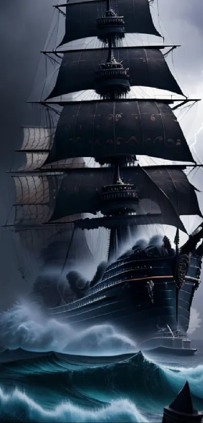 A majestic sailing ship in a dramatic storm with dark waves and lightning.