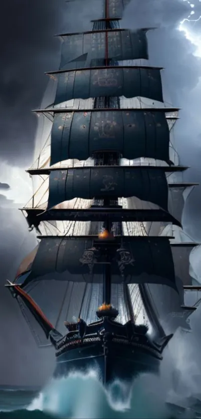 Tall ship in a stormy sea with dramatic clouds and crashing waves.