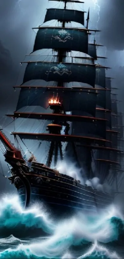 Majestic sailing ship braves stormy seas under dark, dramatic skies.