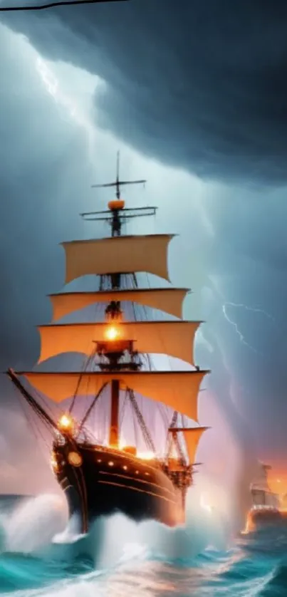 Majestic ship sails through stormy seas under a dramatic sky.