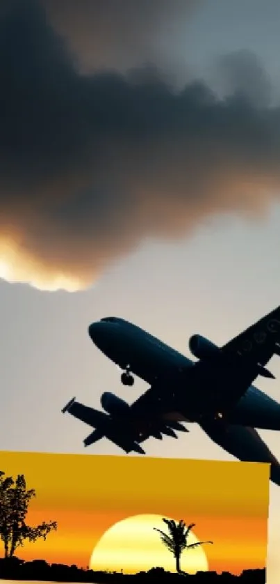 Airplane silhouette against vibrant sunset sky, creating a stunning wallpaper backdrop.