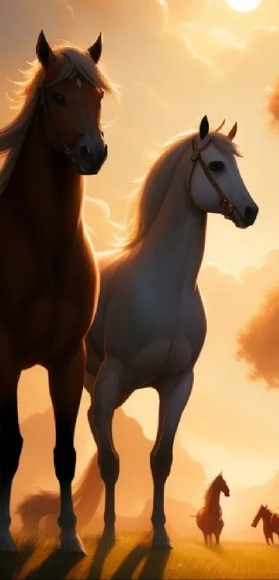 Majestic horses under a golden sunset in a scenic field.