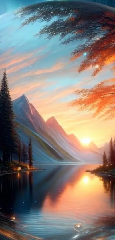 Majestic sunset with mountains and reflective lake