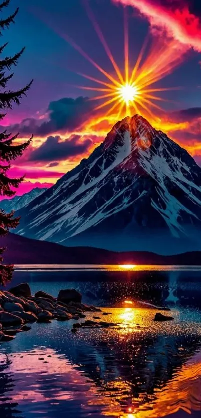 Vibrant sunset over a mountain reflecting in a serene lake.