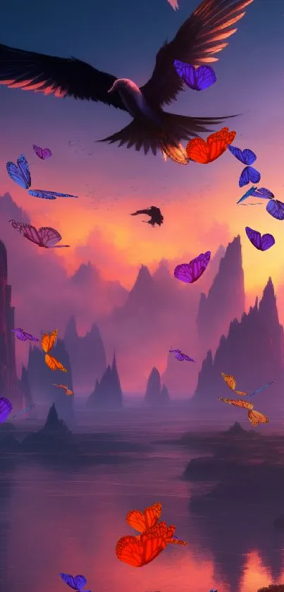 Majestic sunset over jagged mountains and soaring birds.
