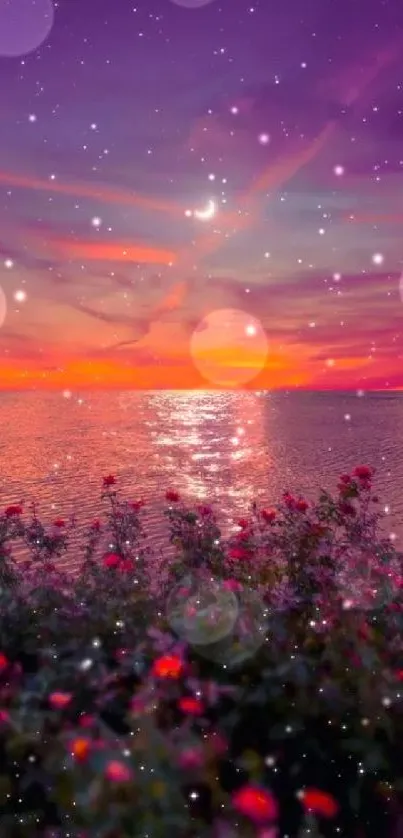 Vibrant evening sunset over the ocean with flowers and a crescent moon.