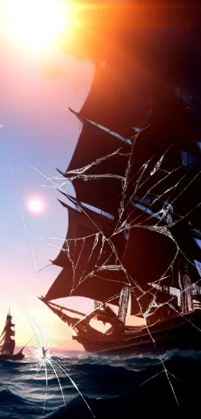 Majestic ship sails against a vibrant sunset ocean backdrop.