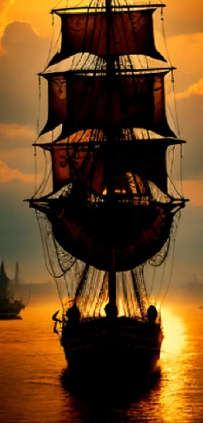 Majestic ship silhouette at sunset on calm waters.