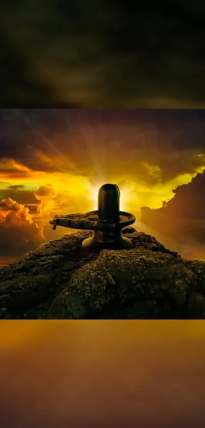 Shiva Linga on rocky hill under a golden sunset with vibrant clouds.