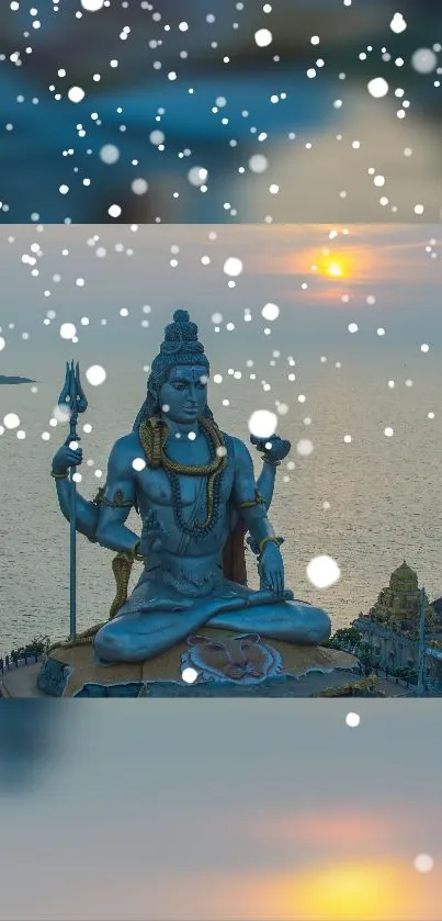 Shiva statue during sunset with snowflakes falling.