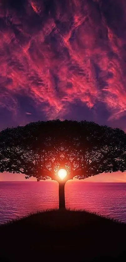 Majestic tree at sunset with vibrant purple and pink sky over an ocean.