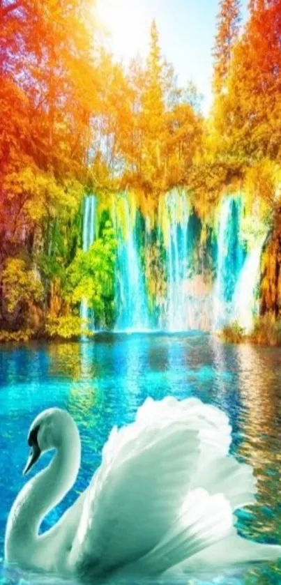 A swan glides on a vibrant lake with a colorful waterfall backdrop.