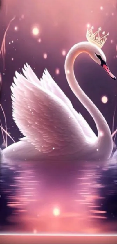 Majestic swan with crown on dreamy pink water.