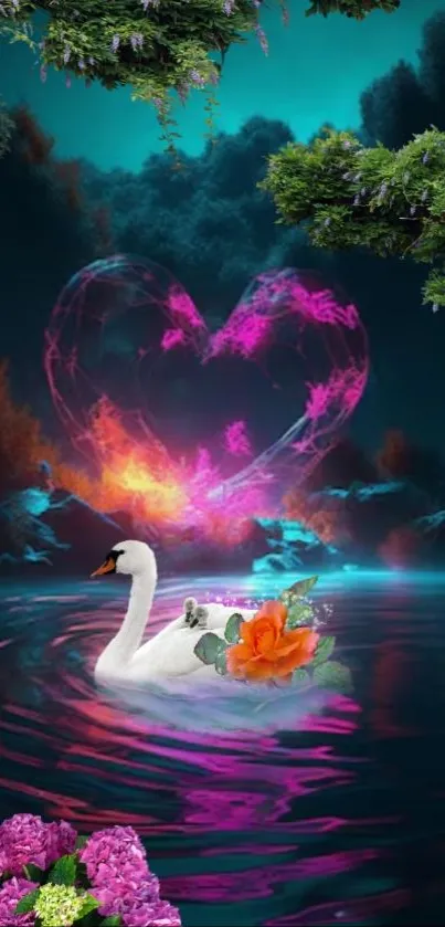 Majestic swan in a vibrant fantasy lake with glowing heart background.