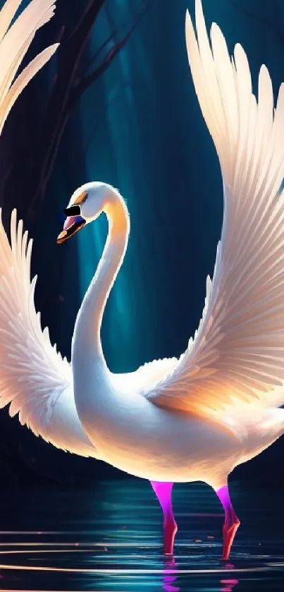 Swan with spread wings in a mystical forest setting, reflecting elegance.