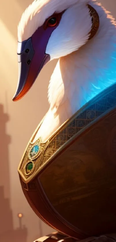 Majestic swan in ornate armor under warm sunlight.