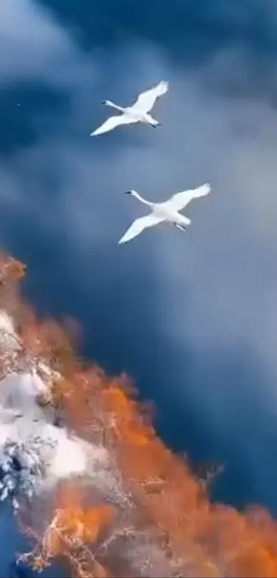 Two swans flying over a vibrant natural landscape with colorful scenery.