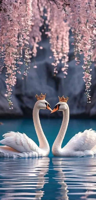 Swans with crowns beneath pink sakura blossoms.