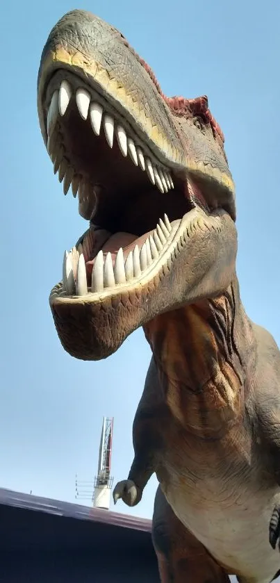 Mobile wallpaper featuring a roaring T-Rex under a blue sky.