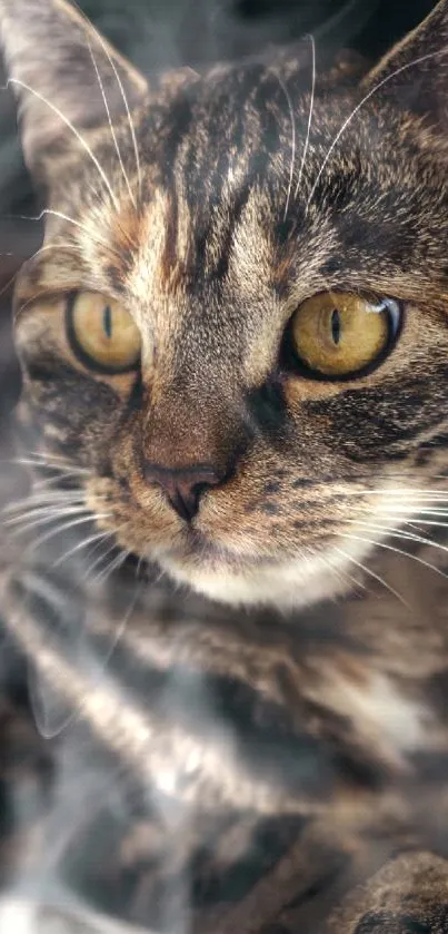 Close-up of a tabby cat with striking golden eyes.